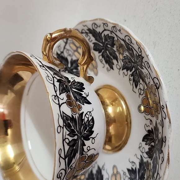 Black Gold Rosina Teacup and Saucer, Floral Teacup gold grapes - Picture 8 of 9